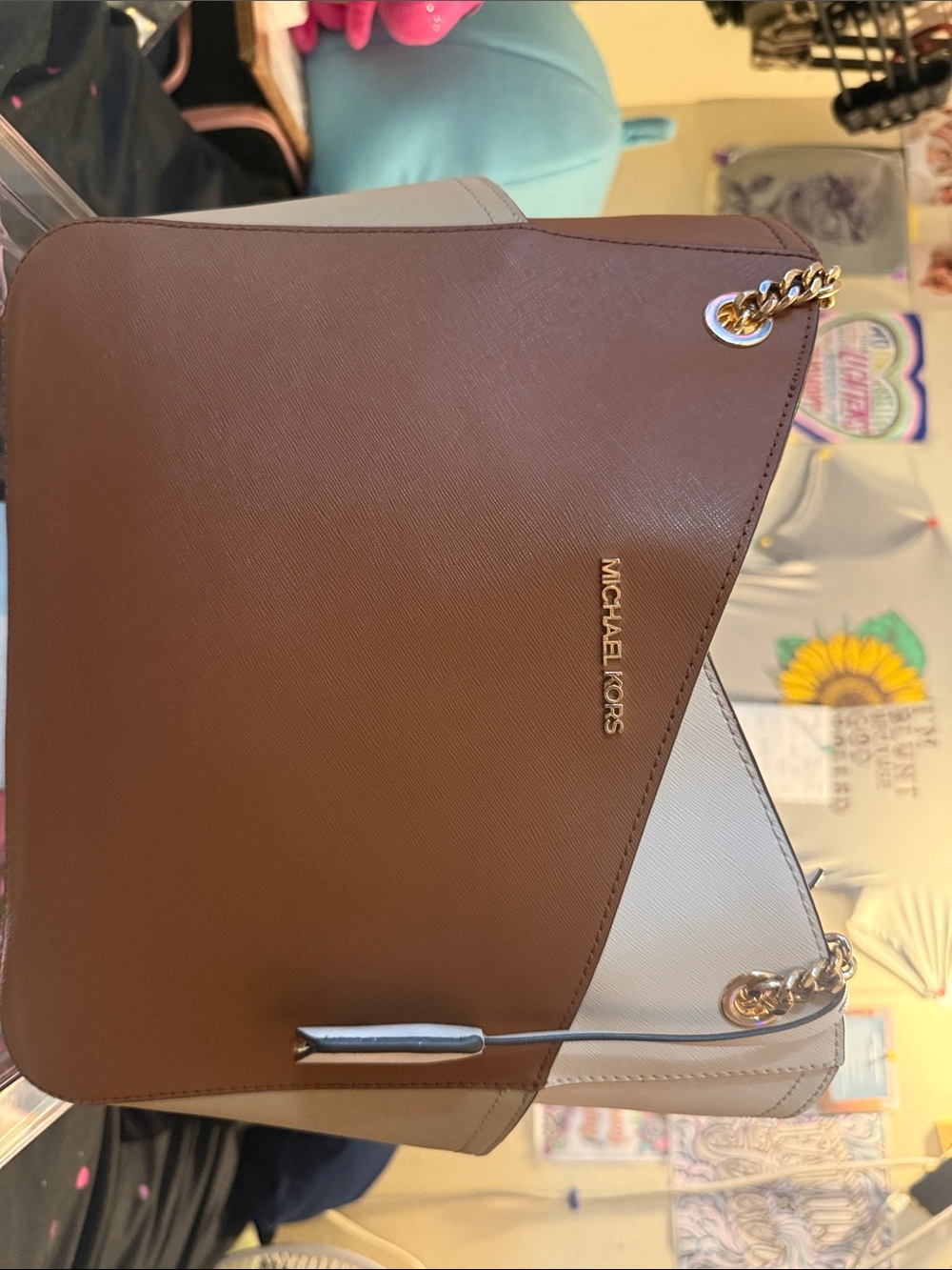 Michael Kors Two-Tone Brown and Cream Shoulder Bag with Gold Chain